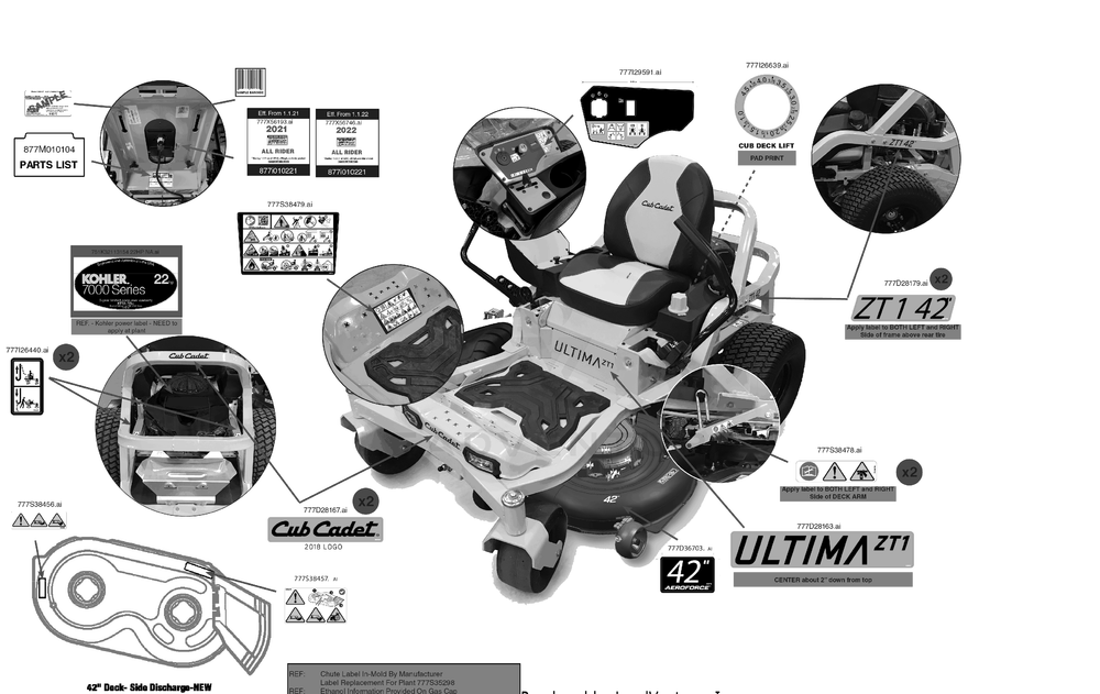 Label Map Diagram and Parts List for ZT1-42KH (17TREACS010)(2022) Cub Cadet Lawn Tractor